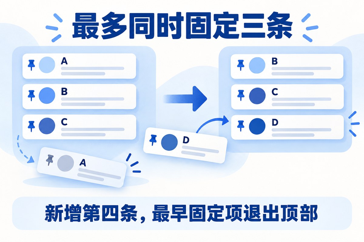 Signal最多三条固定消息,新增第四条会替换最早固定项的示意