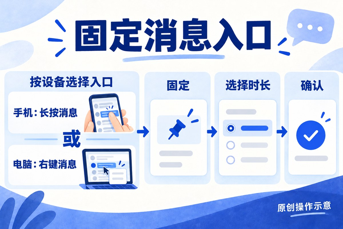 Signal消息固定入口:手机长按或电脑右键,再选择固定、时长并确认