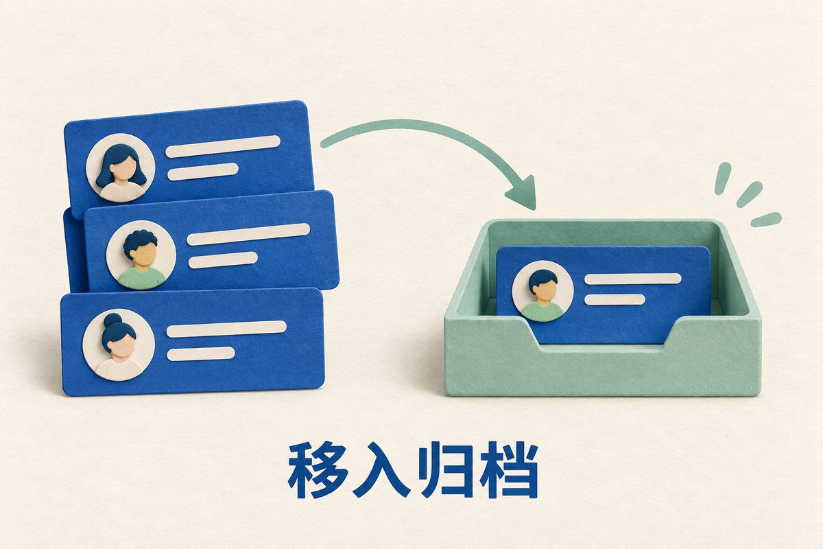 完整会话卡片从聊天列表移入归档托盘的概念示意