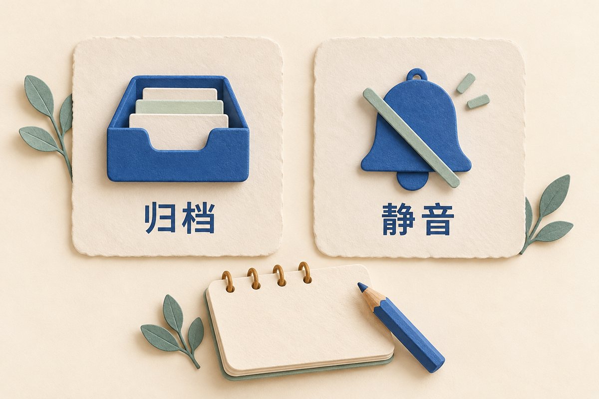 归档托盘与静音铃铛分列两张卡片，下方放着个人提醒本的示意