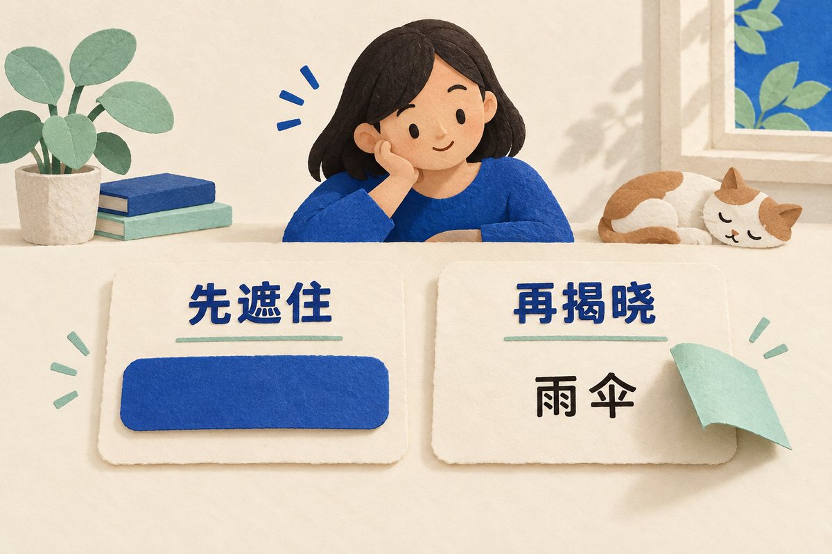 左侧答案被遮住，右侧揭晓雨伞谜底的两张概念卡片