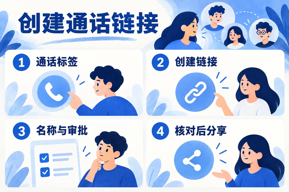 Signal创建通话链接流程：通话标签、创建链接、名称与审批、分享链接